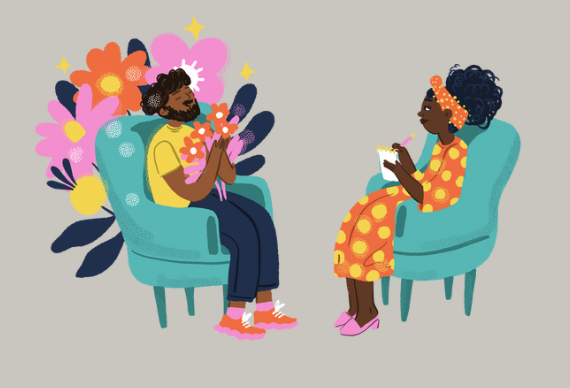 A graphic of a man with beard sitting on a chair surrounded by flowers and a femail therapist with a pad and paper sitting across from him