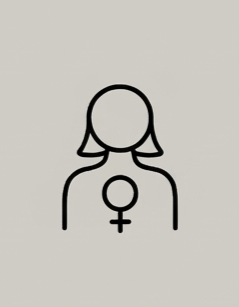 Minimalist line drawing of a female symbol on a woman's chest.