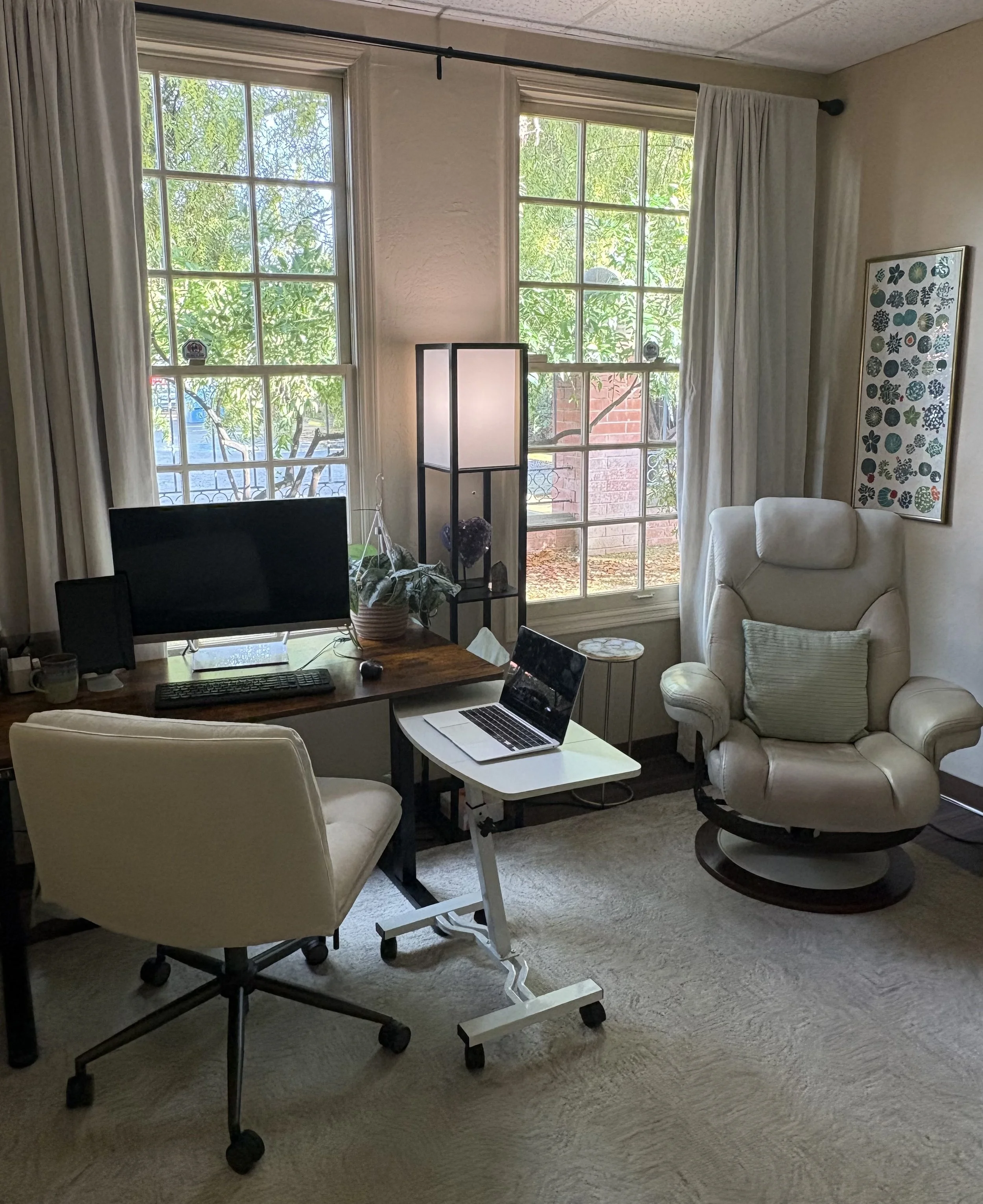 Naturopathic office setup with a large window, a desk with a monitor and laptop, a white office chair, a cozy armchair with a pillow, a tall lamp, and wall art, with greenery visible outside.