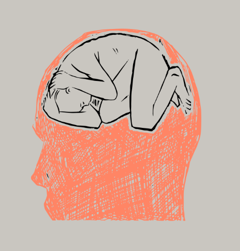 graphic of a head with curled up person inside illustrating depression