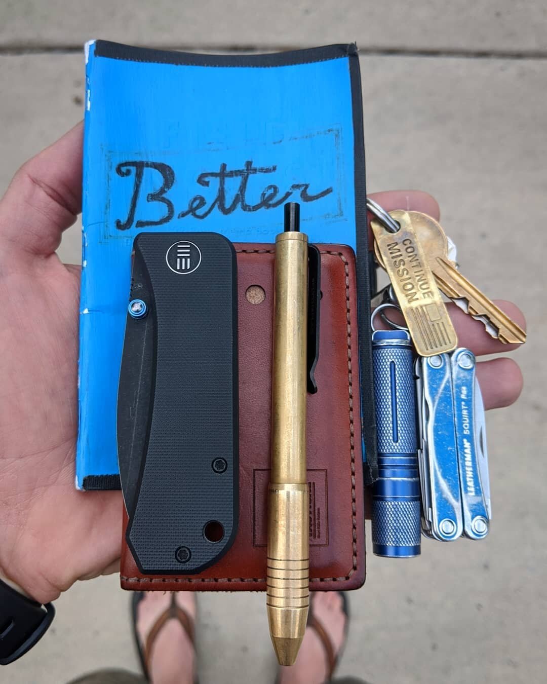 &quot;What are you carrying today?&quot; Oh, you know... just a couple pounds of delight. 
Knife: @weknives Banter Prototype
Wallet: ADD Tactical Strop Wallet
Pen: @petespiratelife and @bigidesign
Brass Click
Light: @fenixlight EOS5
Multitool: @leath