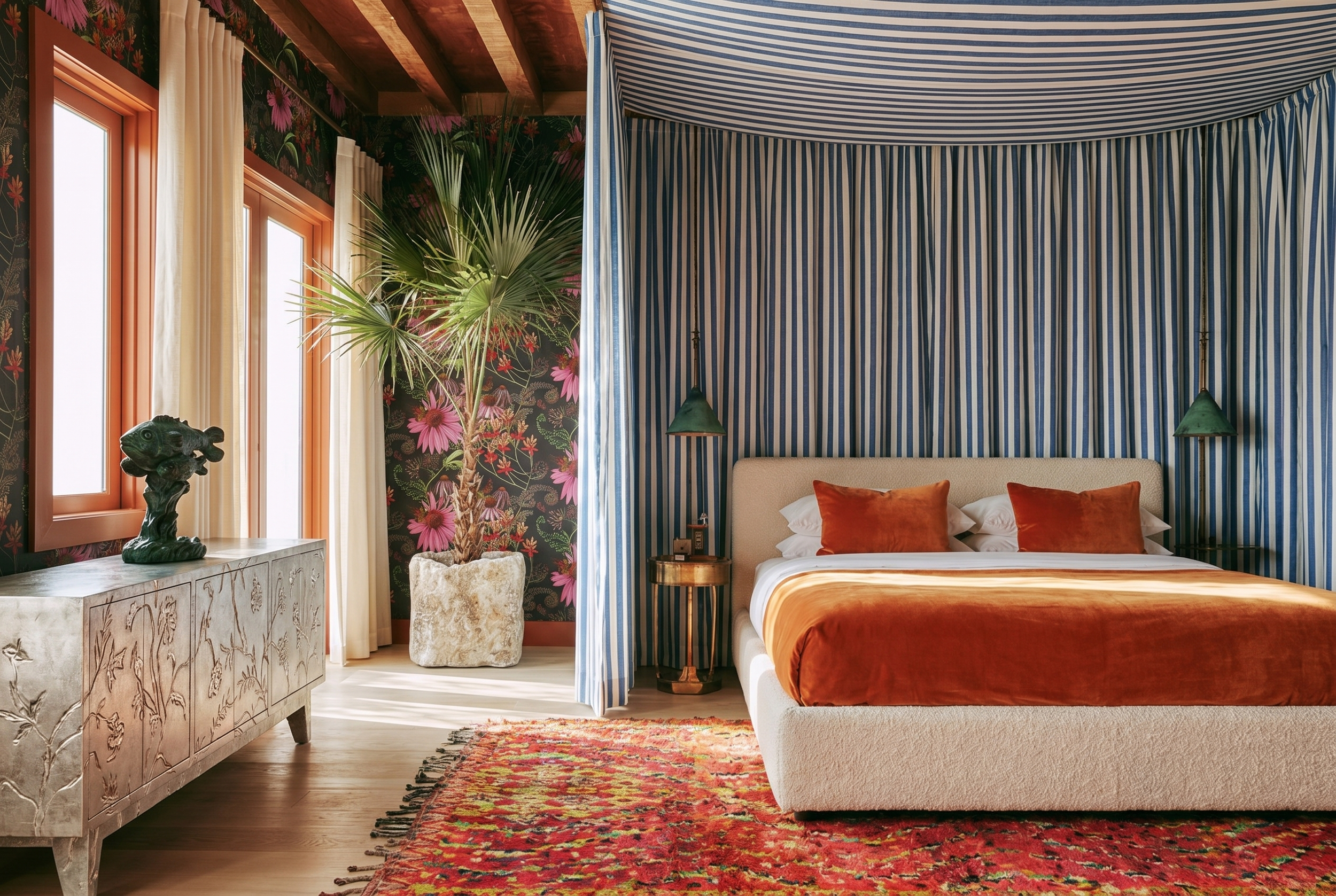A bedroom with a bed that has orange pillows and a burnt orange velvet bedspread. The room features a wall with blue and white striped curtains hanging from a curved ceiling, two green pendant lights, a beige upholstered headboard, a small side table, a colorful patterned area rug, a white decorative dresser with intricate carvings, a lush green plant in a stone planter, and a window with cream curtains and orange trim.