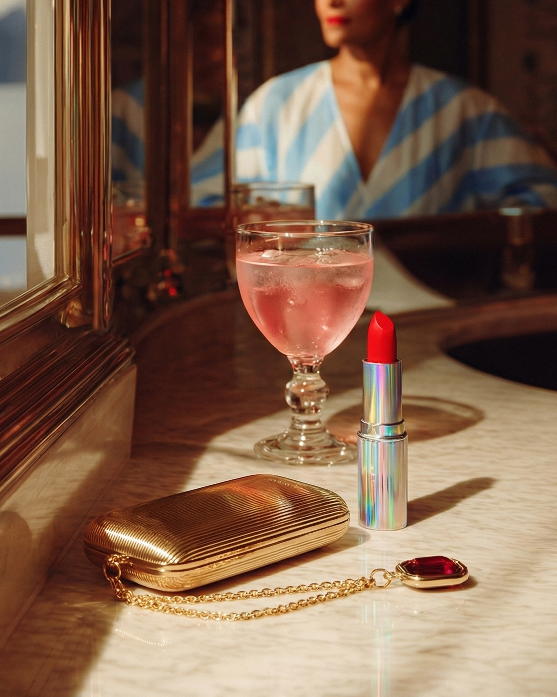 A vanity table with a glass of pink liquid, a lipstick, a gold clutch purse, and a girl looking at her reflection in the mirror.