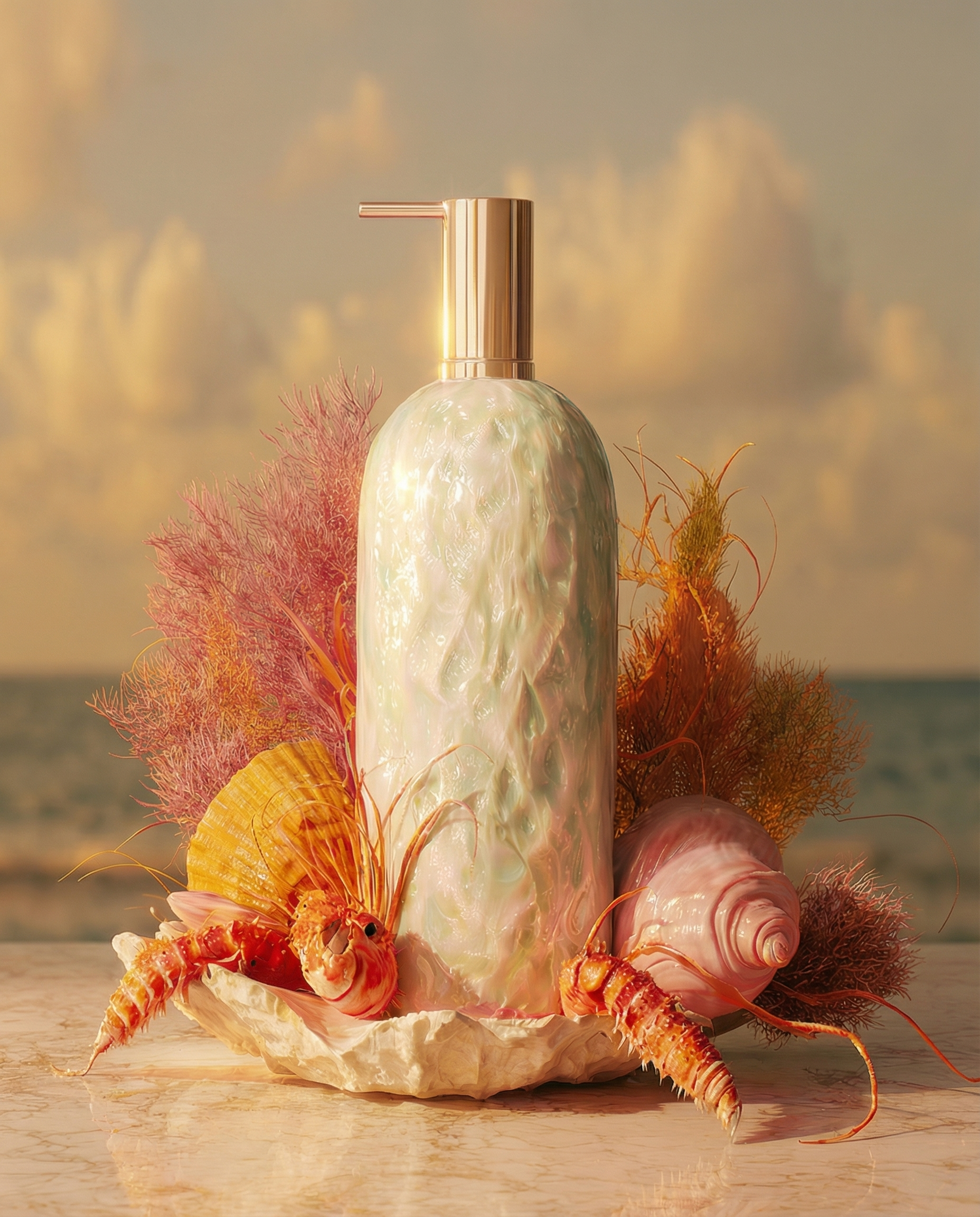 A seashell-themed bottle with a pump dispenser, surrounded by coral, a lobster shell, and seashells, placed on a wooden surface near the ocean.