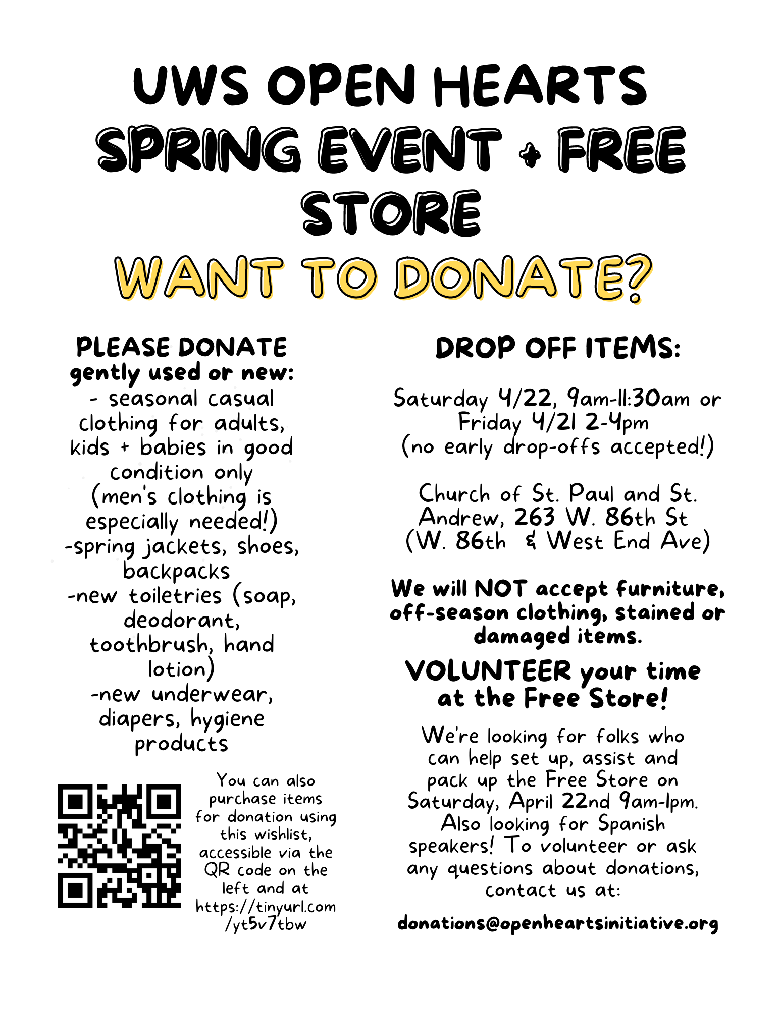 Upper West Side Spring Event + Free Store — Open Hearts Initiative