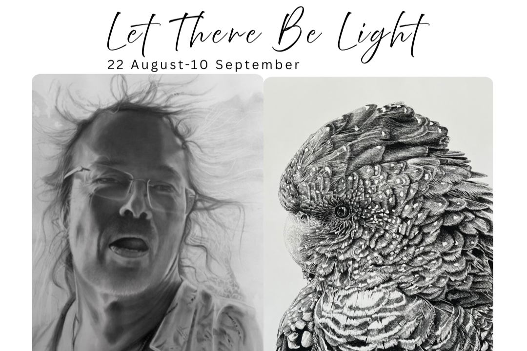 Poster with the text 'Let There Be Light,' dates from August 22 to September 10, featuring a grayscale photo of a person with long flowing hair and glasses on the left, and a detailed grayscale illustration of a parrot on the right.