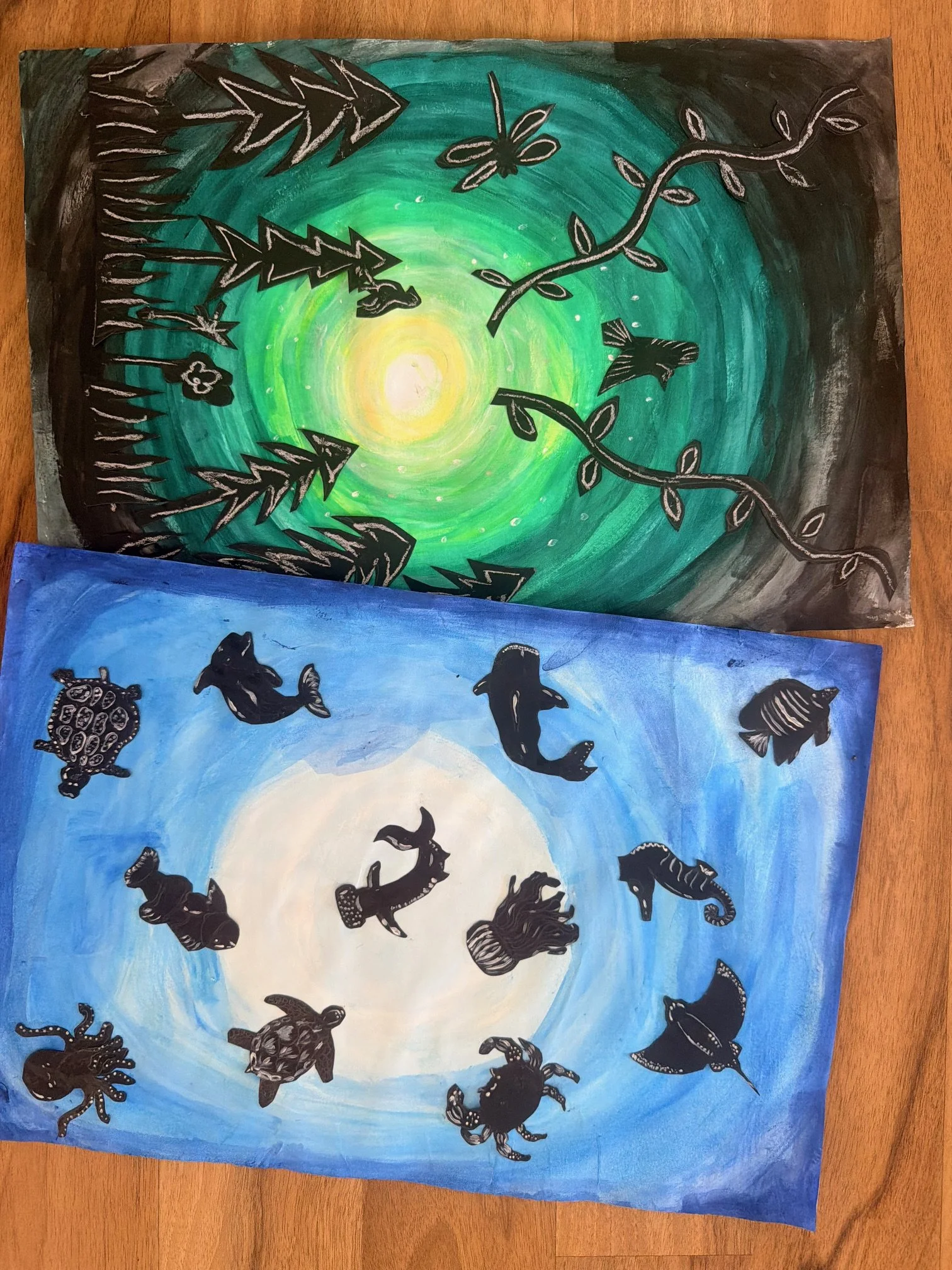 Sea or Forest Silhouette- Paint and stencil