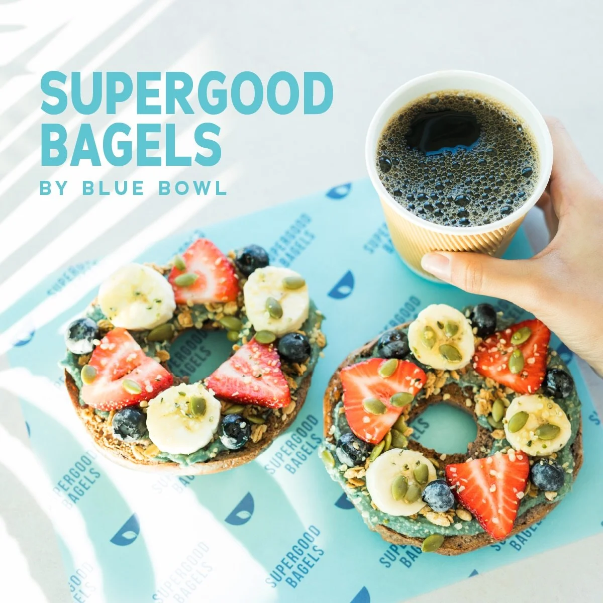 SUPERGOOD BAGELS are now rolling at Blue Bowl! A toasted bagel, lathered with Blue Butter and topped with granola, fresh fruit and other supergood toppings&hellip; yummm. 😋 

To prove it&rsquo;s a daaang good bagel, we&rsquo;re giving away a FREE HA