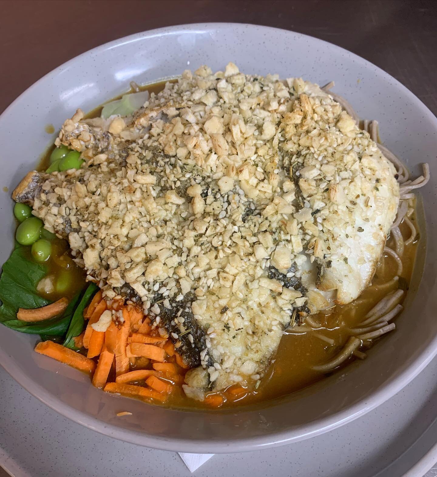 On special while stocks last
Locally caught herb-crusted mulloway in a miso broth with Asian veg 
Thanks to @capecalamari