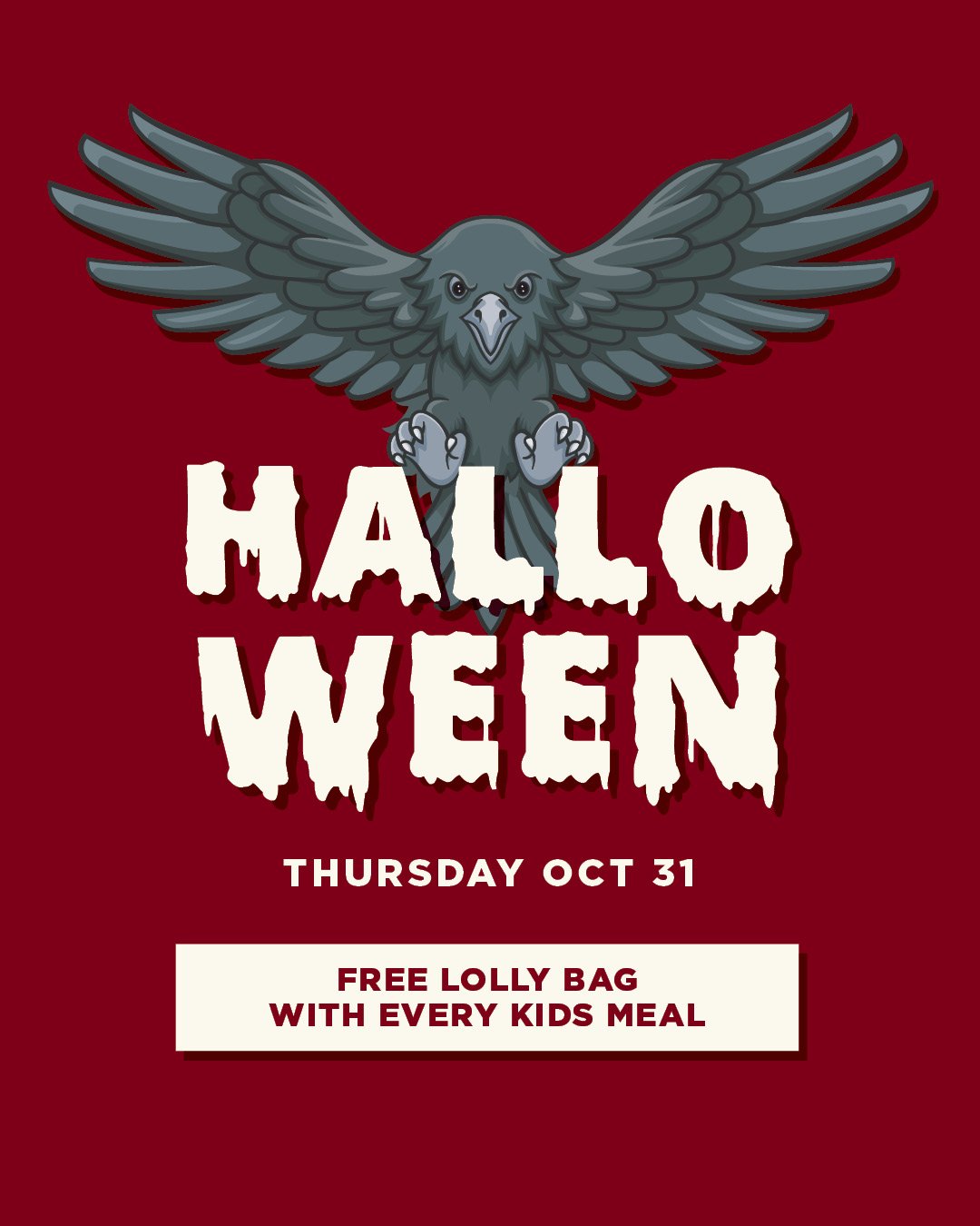 👻 HALLOWEEN AT THE YANK 👻

Join us this Halloween in your spookiest outfits and get a FREE lolly bag with every kids meal 🍬