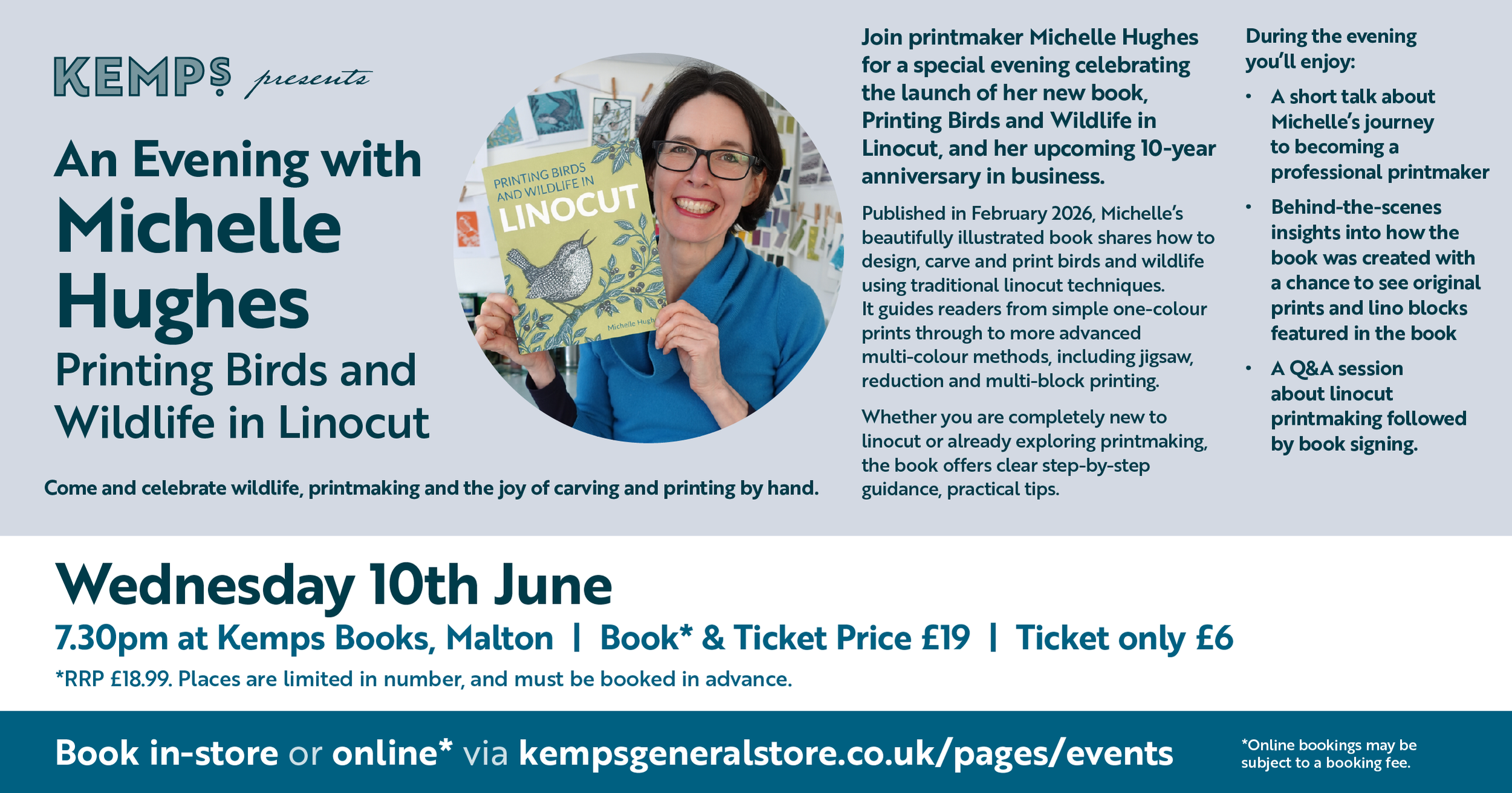 Kemps presents: An Evening with Michelle Hughes - Wildlife Linocut