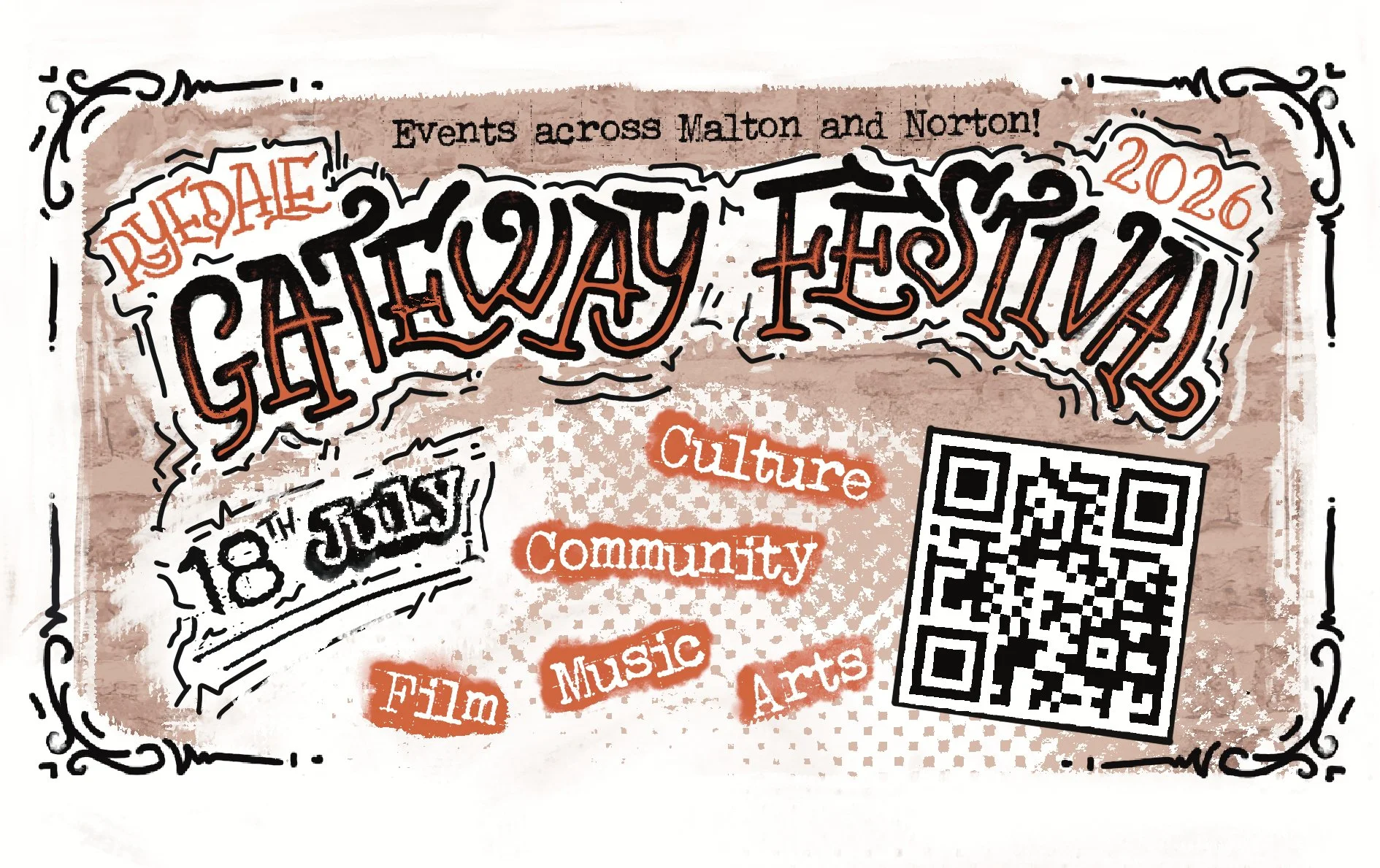 Promotional banner for the Ryedale Gateway Festival 2026, styled with a rustic, hand-drawn aesthetic on a light-brown, brick textured background with decorative black borders. The main stylized text reads "Ryedale Gateway Festival 2026" in large font