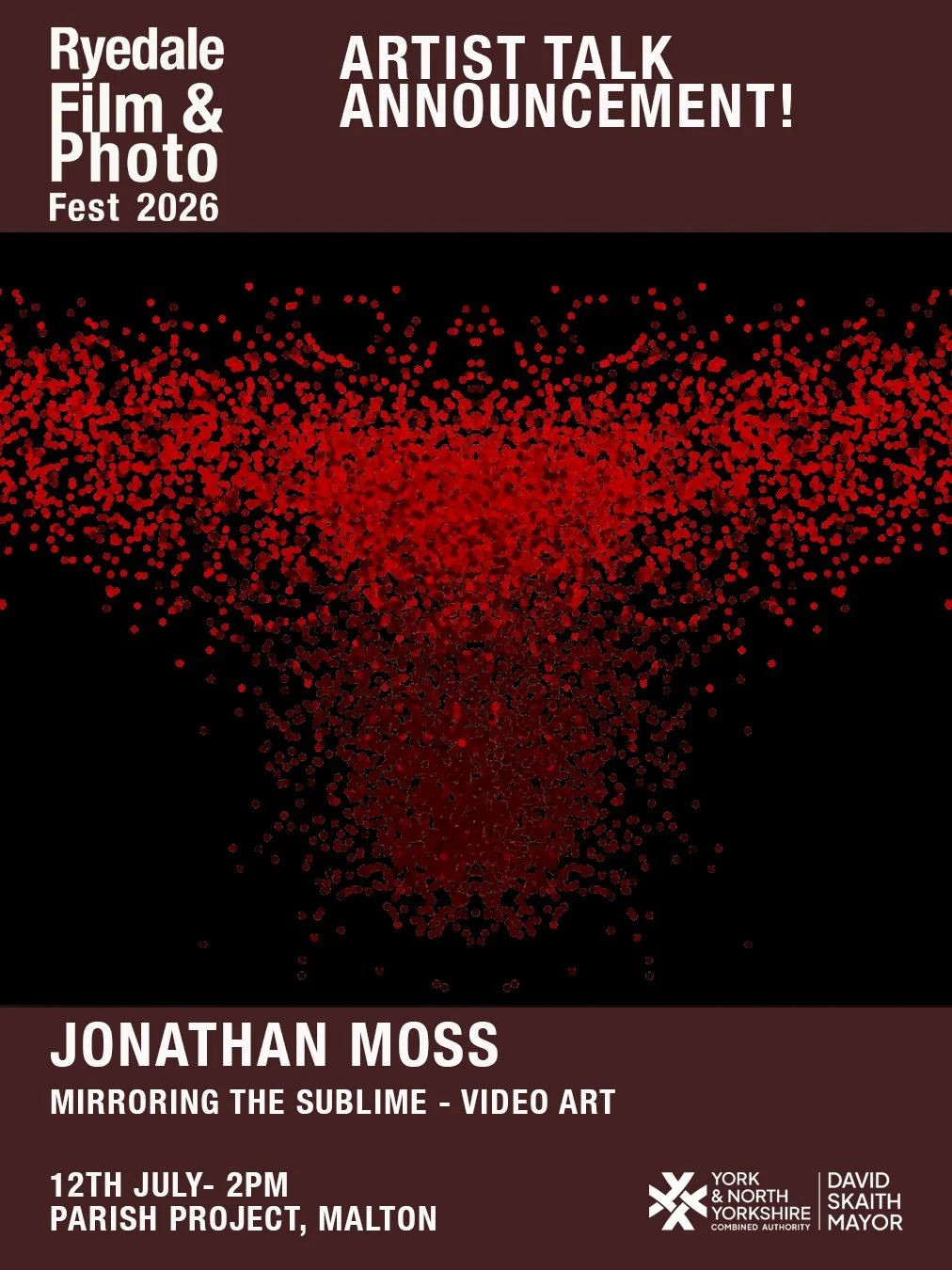 Poster showing information about the Jonathan Moss Video Art Artist Talk July 2026