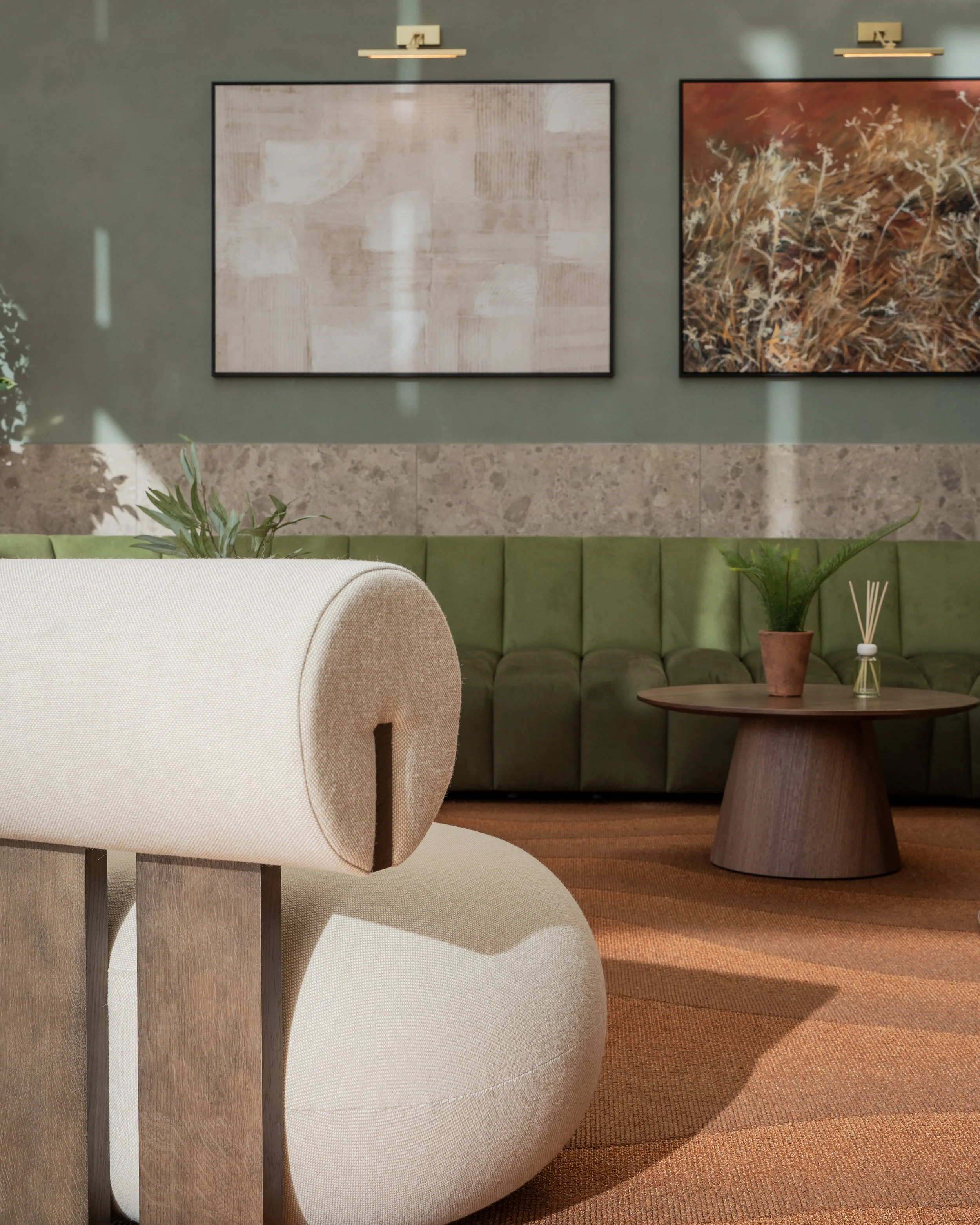 Reception seating and bespoke joinery at 2 City West in Leeds