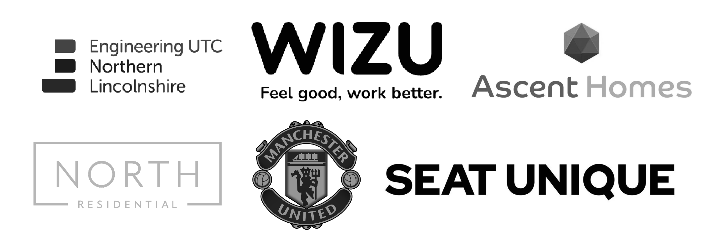 A collection of various logos including WZU, Ascent Homes, North Residential, Manchester United, and other related graphics.