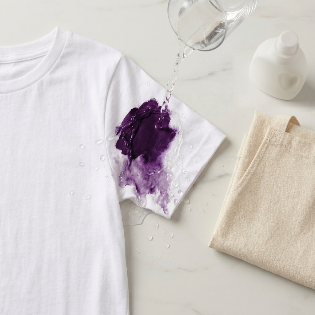 Wit T-shirt met paarse verfspatten, water wordt op de mouw gegoten, naast een witte stoffen tas en een fles huidcrème op een marmeren oppervlak.