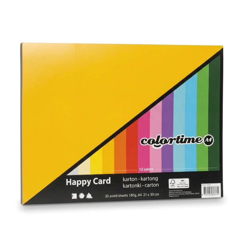 Een doos met kleurplaten en kaarten, genaamd 'Happy Card' met 13 kleuren, formaat A4, 21x30 cm.