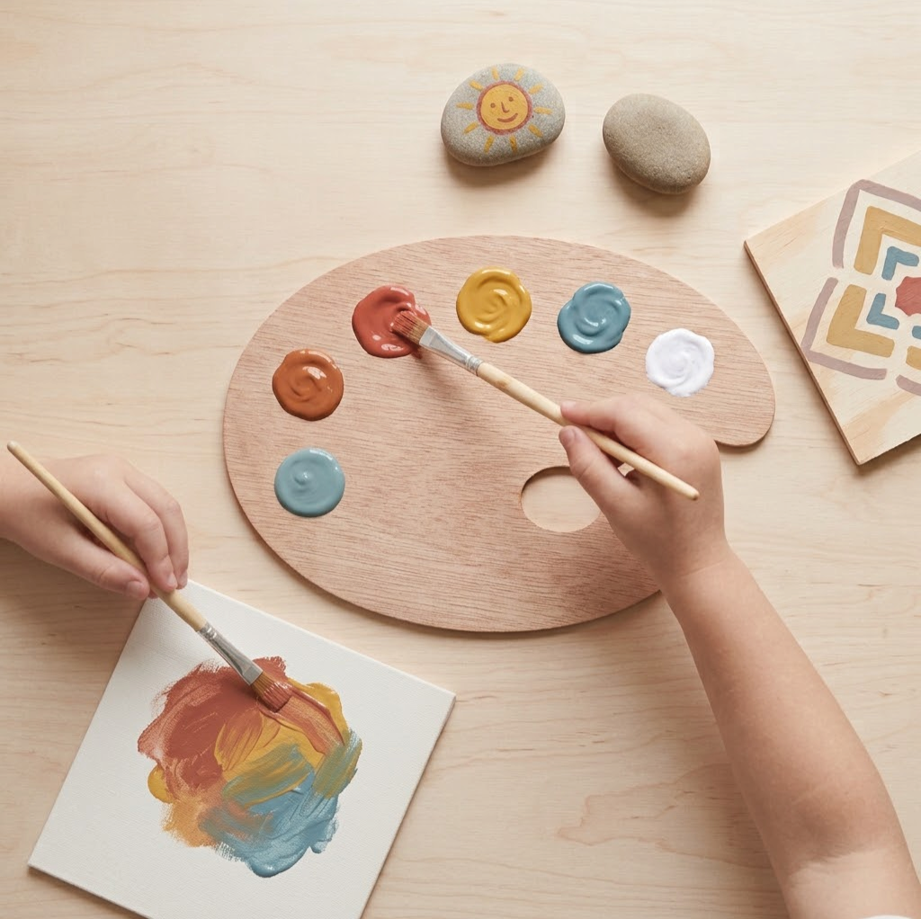 Twee handen die met penselen verf mengen, een pallet met verfspatten en stenen met tekeningen, een schilderdoek en een tegeltje met een tekening van een zonachtig gezicht.