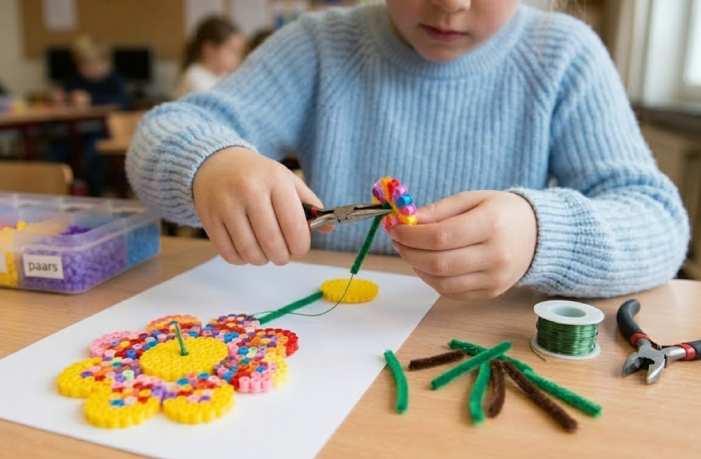 Bloemen van strijkkralen maken voor Moederdag bloem inelkaar zetten