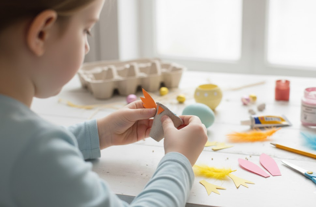 Paas-eierdopje-knutselen-met-kinderen-plakken