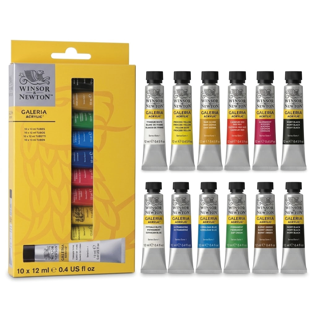 Verf- en inktset met tubes in een gele doos met 10x 12 ml tubes, diverse kleuren, en losse tubes met verschillende kleurnamen en -nummers.