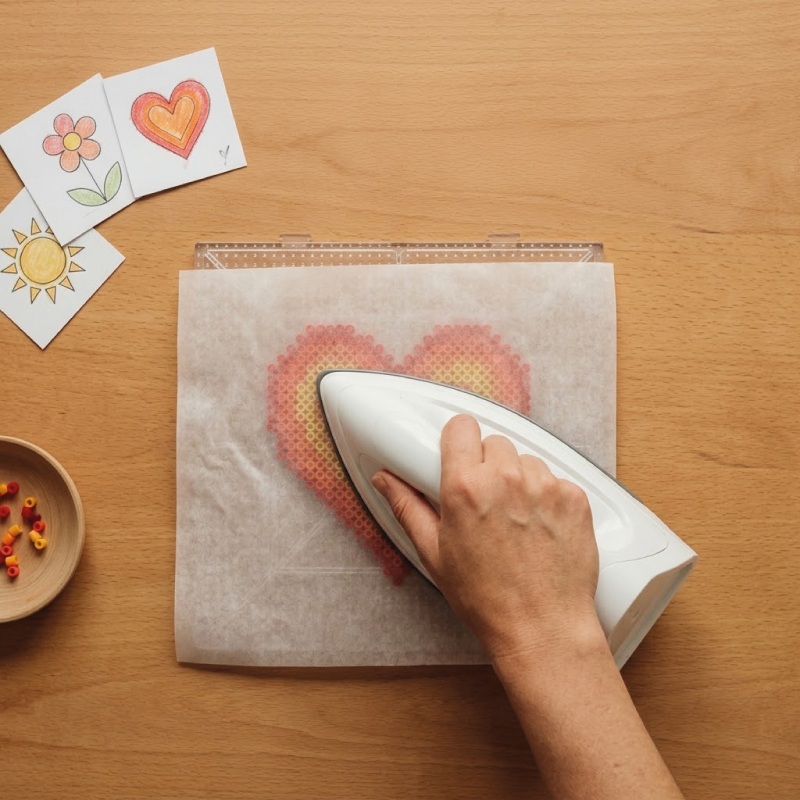 Persoon strijkt een gekleurd hart op bakpapier met een strijkijzer. Op de tafel liggen kleine tekeningen van een bloem, een hart en een zon, en een kommetje met kleine geverfde kraaltjes.