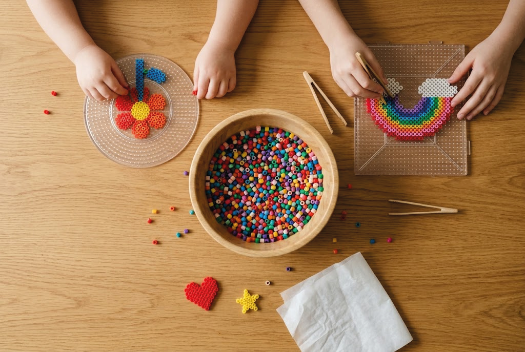 Twee kindere handen maken pixelkunst met felgekleurde vingerhoedjes, een op een rond doorzichtig bord en de ander op een vierkant doorzichtig bord, op een houten tafel met een kom met kleine gekleurde vingerhoedjes.