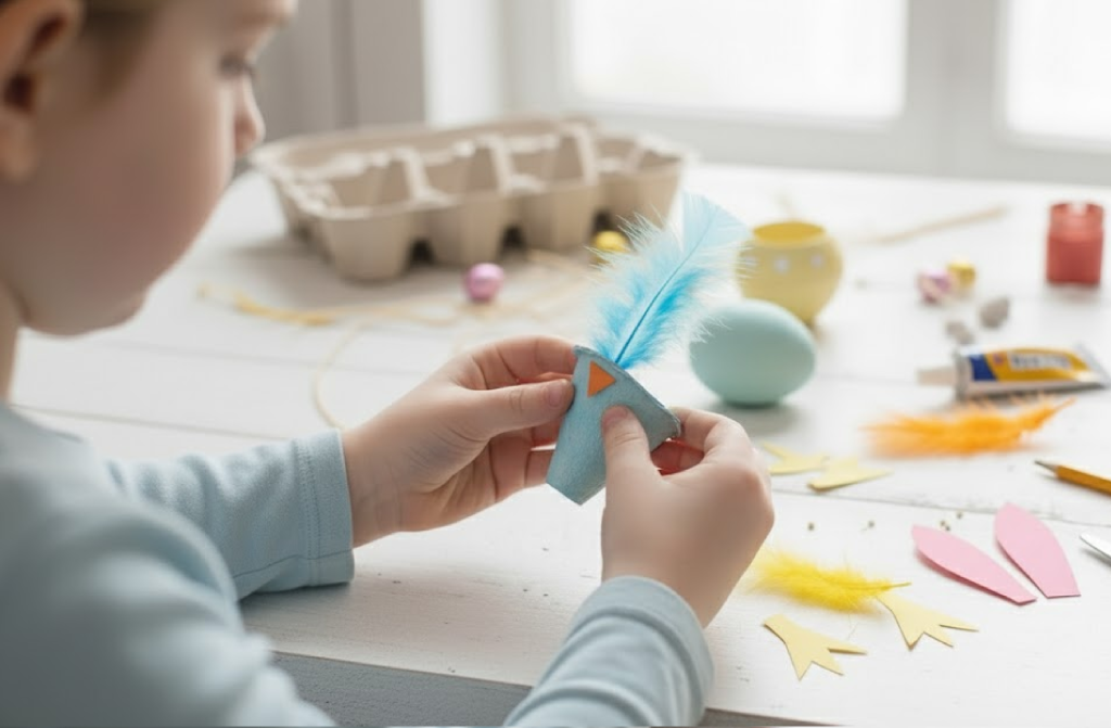 Paas-eierdopje-knutselen-met-kinderen-in elkaar zetten