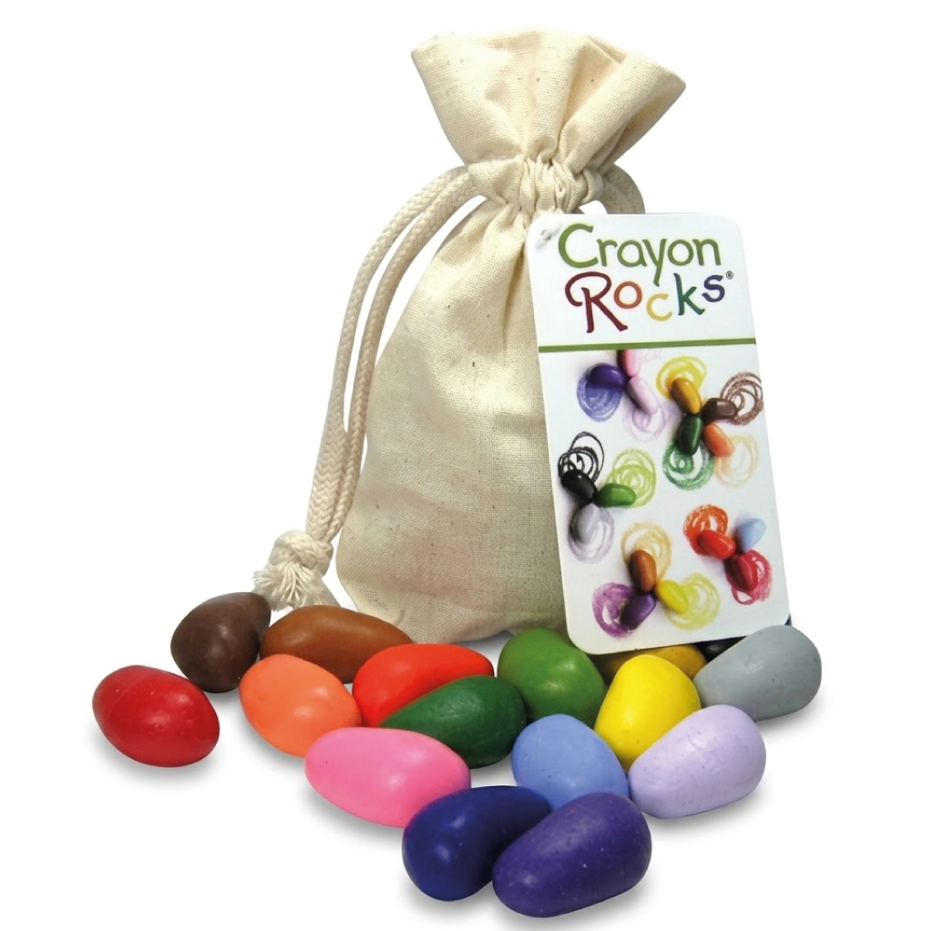 Kleuren gekleurde crayon steentjes met een draagzak met een label dat zegt 'Crayon Rocks'.