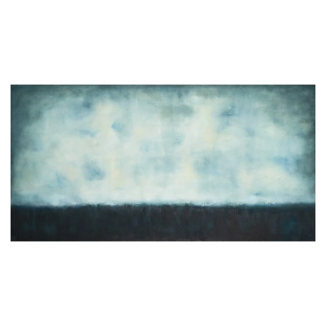 semi abstract oil painting of a horizon line painted in cool blues