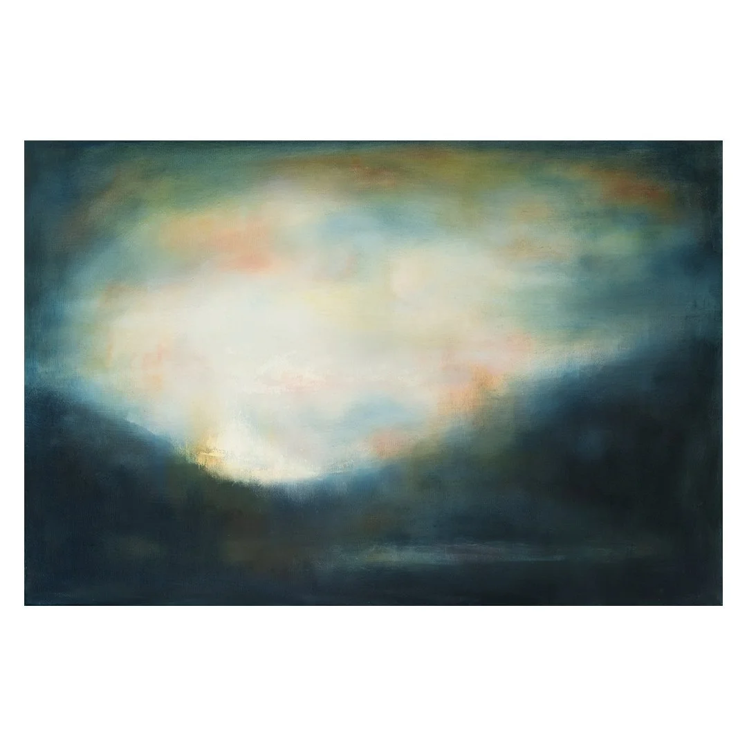 Oil painting of a hilly horizon in warm colours.