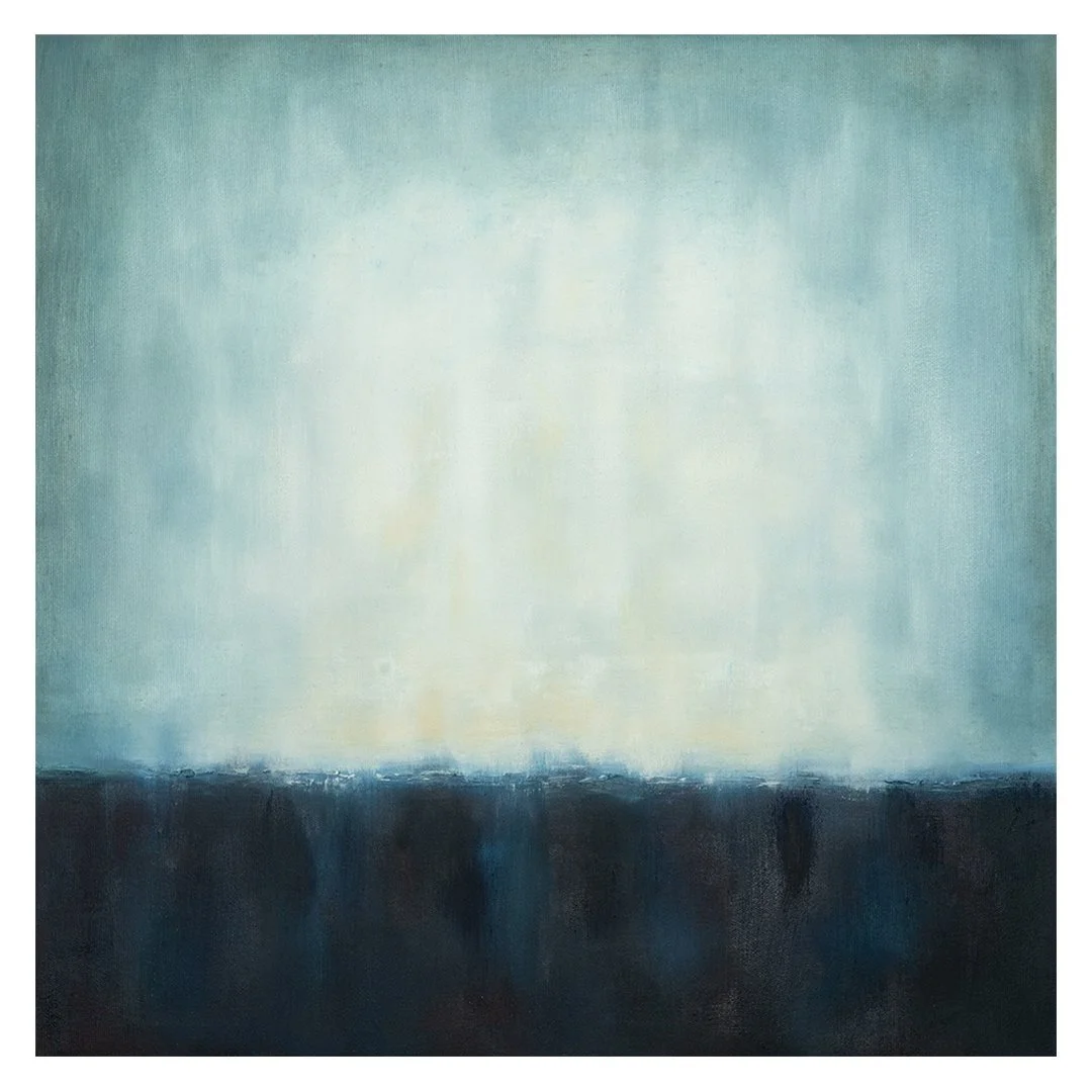 oil painting of a horizon line in cool blue colours.