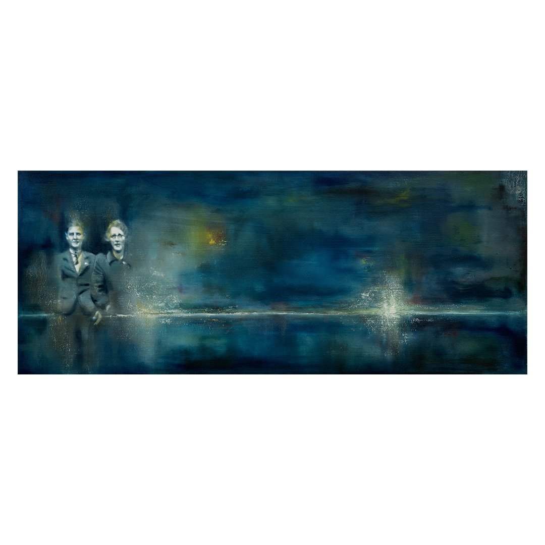 oil painting of a mother and her son standing in a doorway