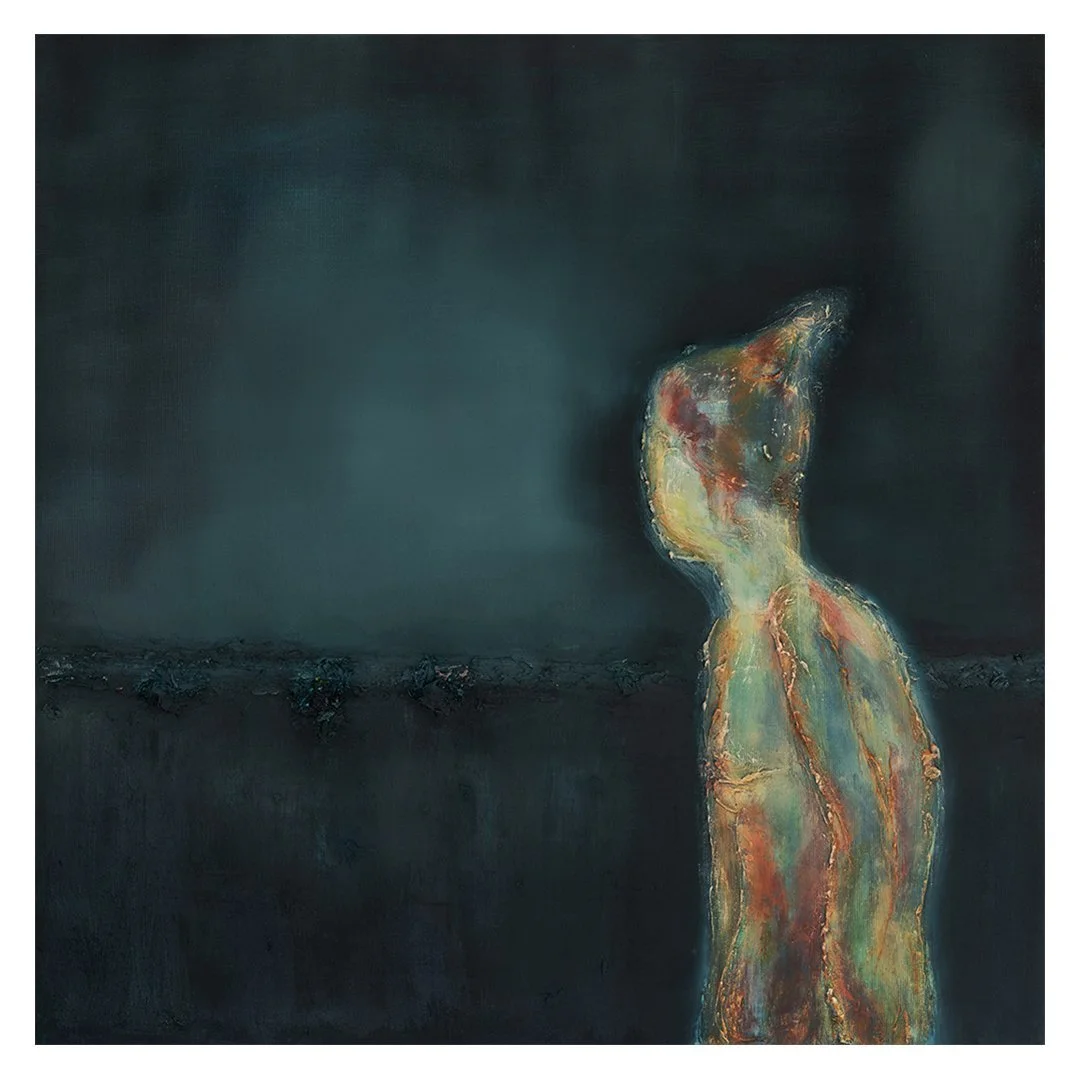 oil painting of a woman looking back at a horizon