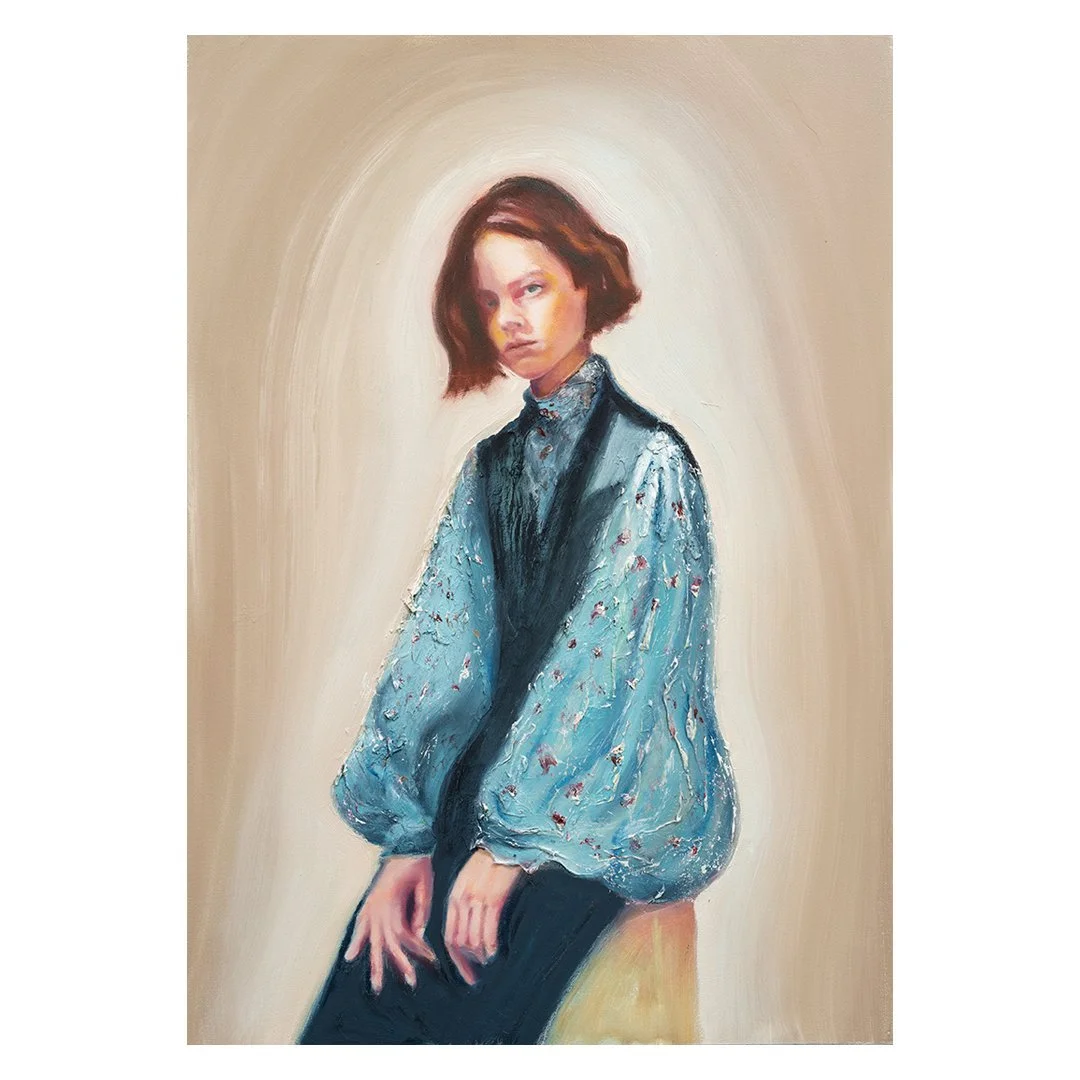 oil painting on board of a girl in a blue blouse with large sleeves