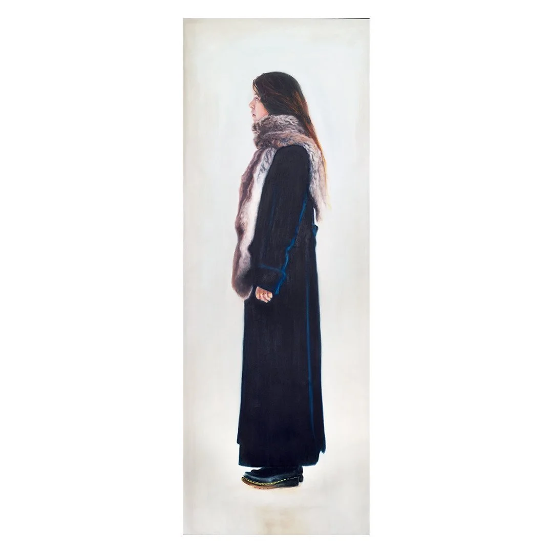 oil painting of a young woman in a long velvet coat, fake fur and Doc Martin boots.