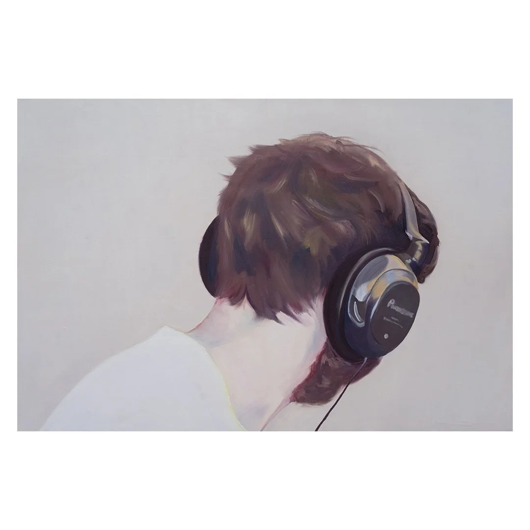 oil painting of a man with large Panasonic earphones turning away.