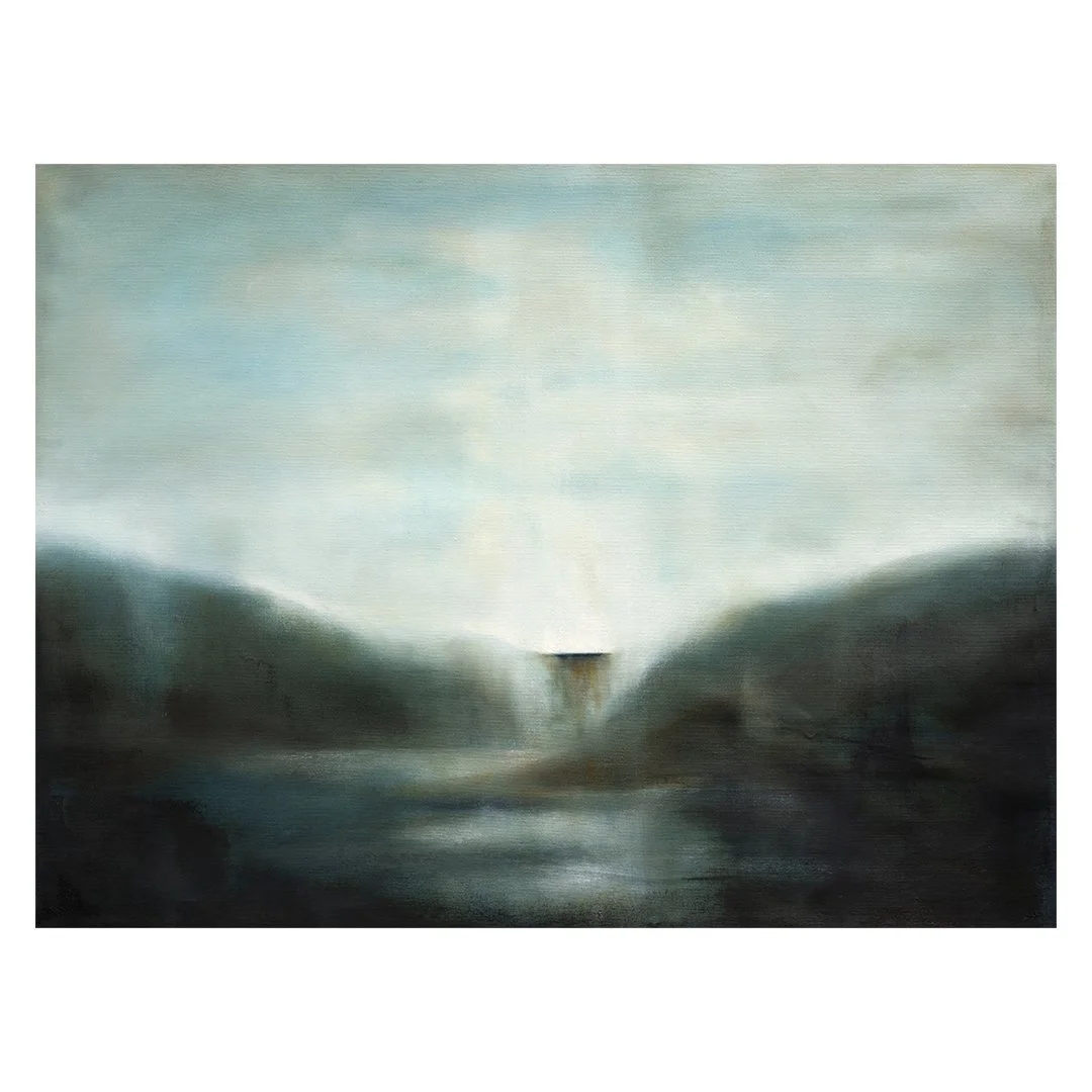 painting of sky, hills and water in cool blues with a serene misty atmosphere.