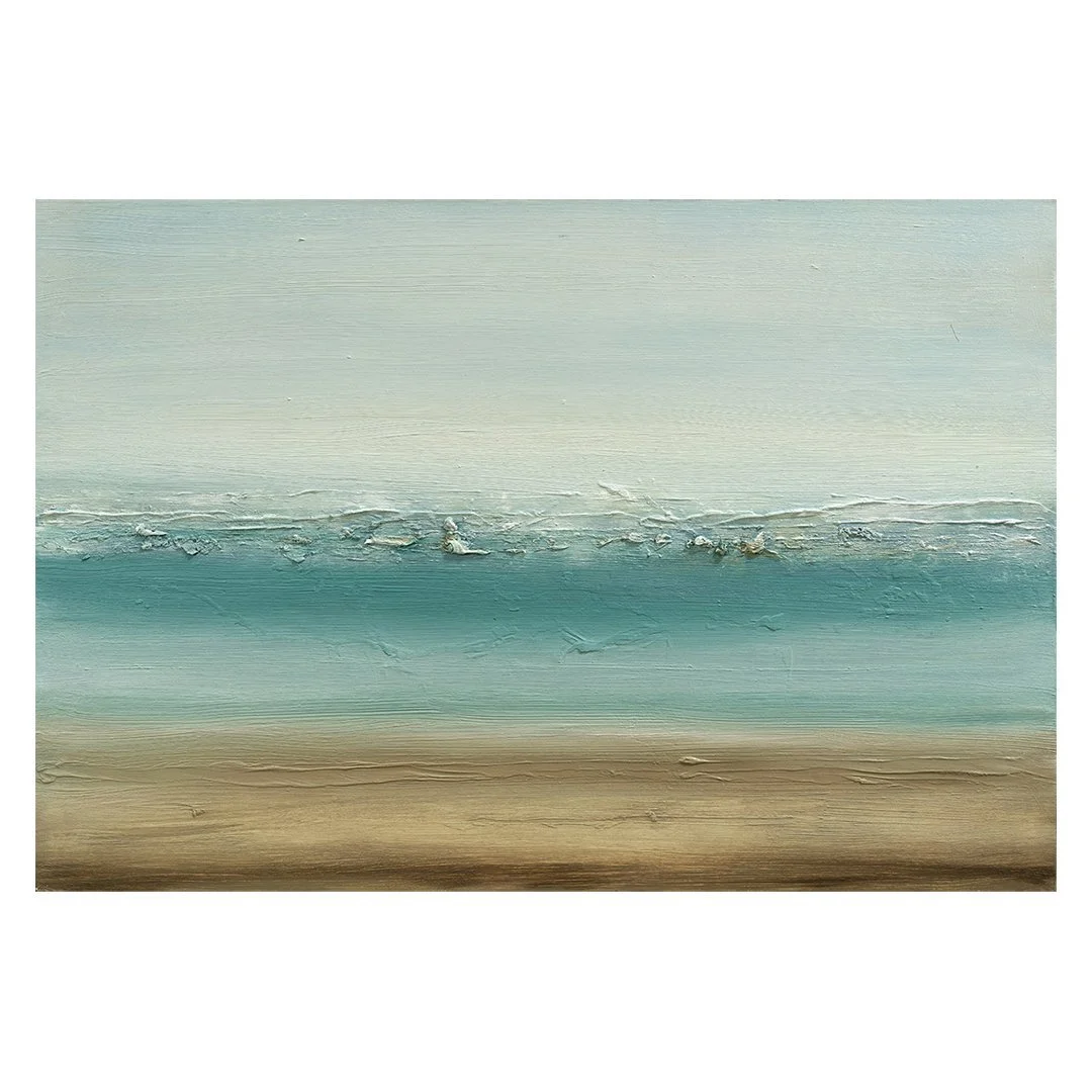 semi abstract oil painting of a horizon line in blue colours