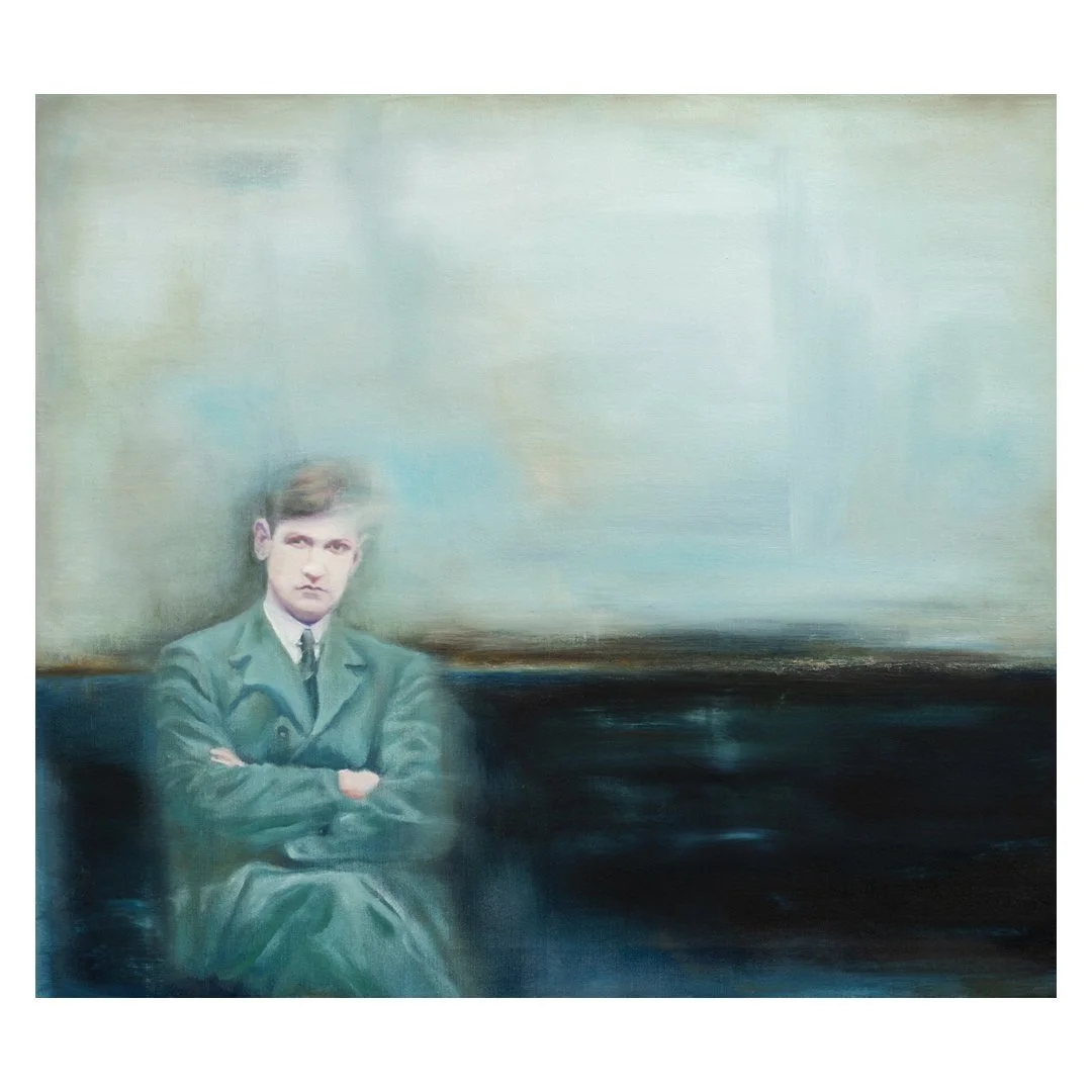 oil painting of Michael Collins sitting with a horizon painted in blues and greens in the background.