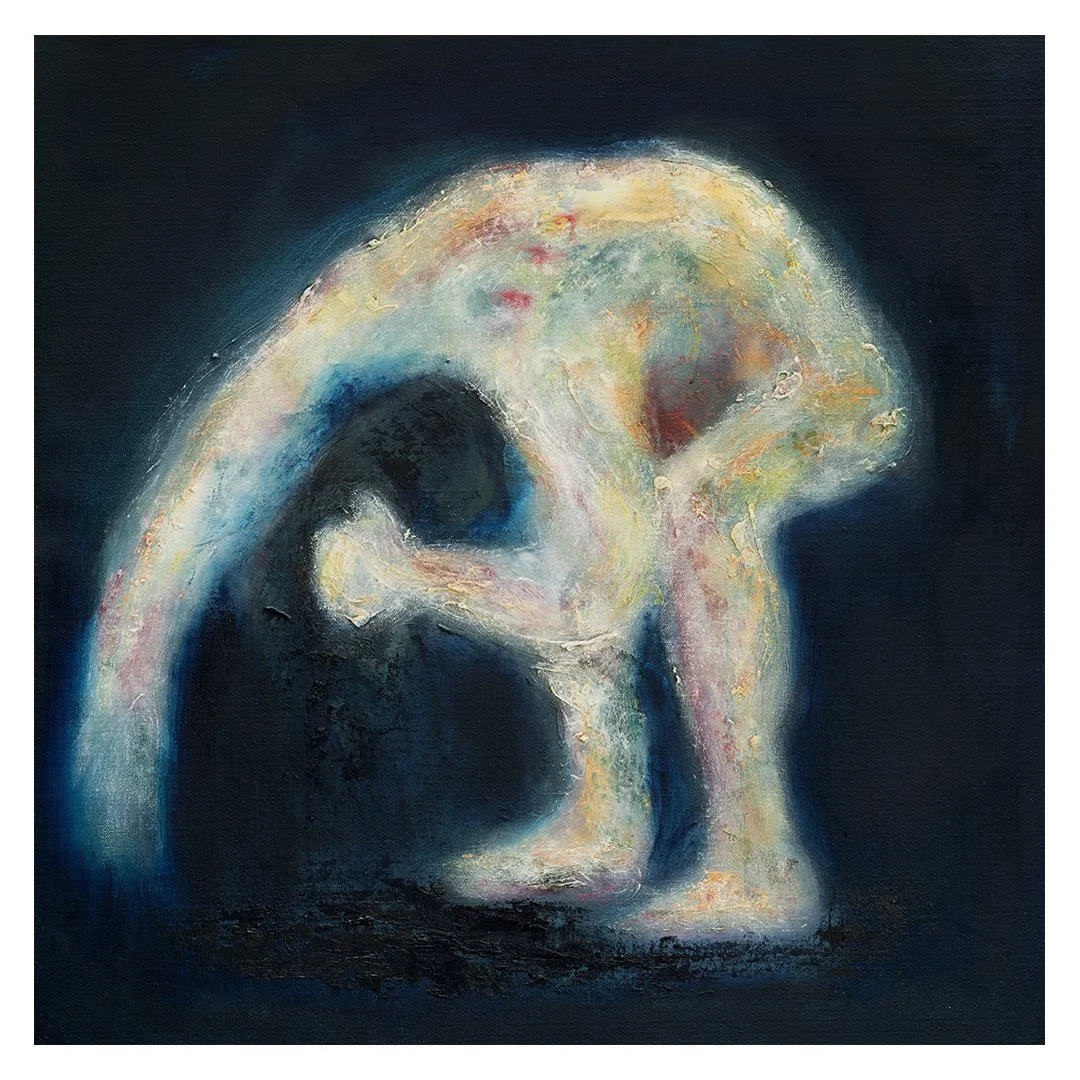 oil painting of a figure in a crouching pose.