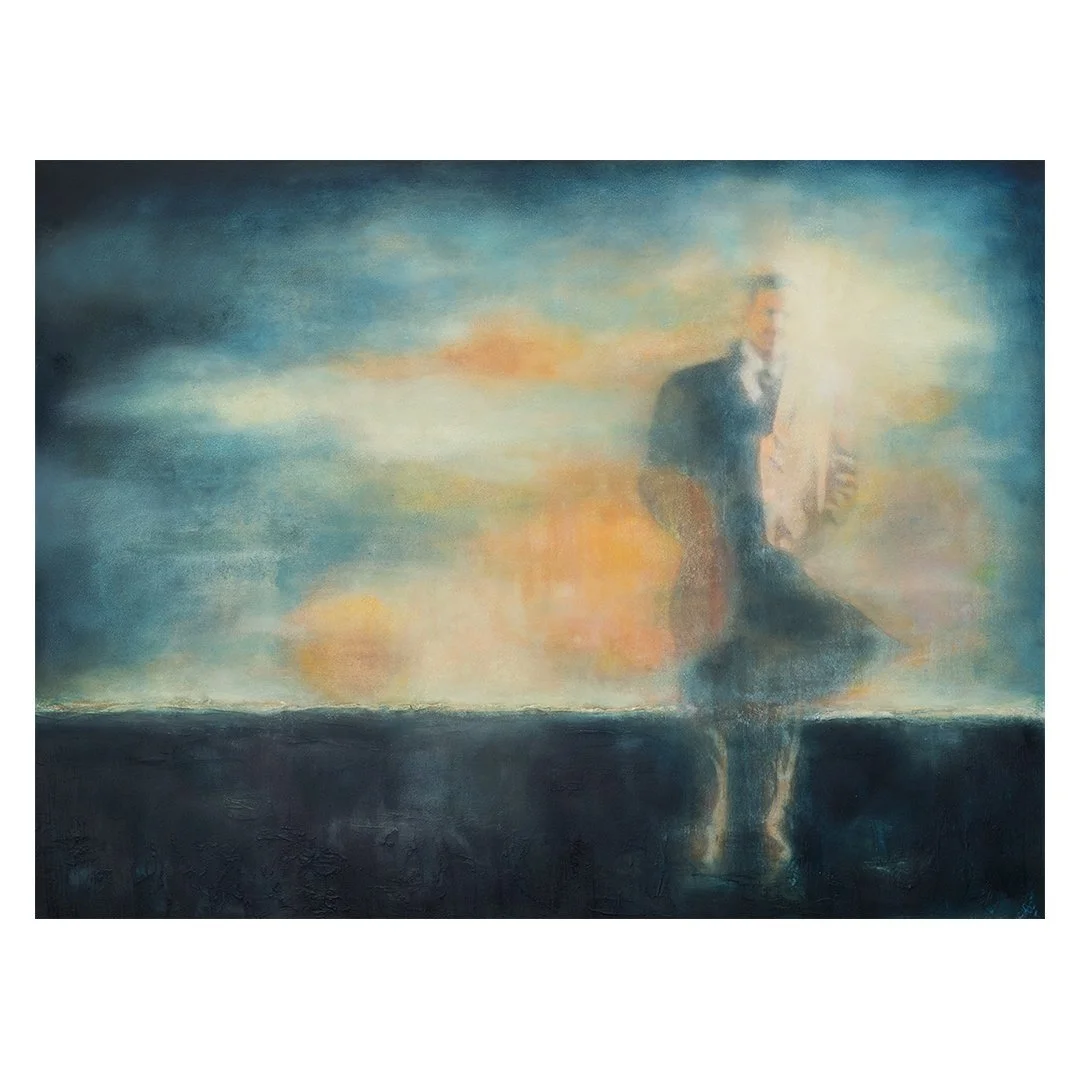 oil painting of a man in a horizon with his coat blowing in the wind