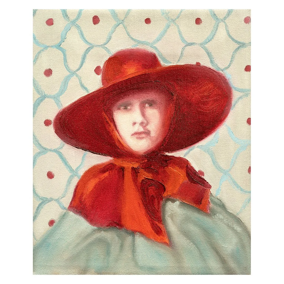 oil painting depicting a portrait of a young woman in a red hat