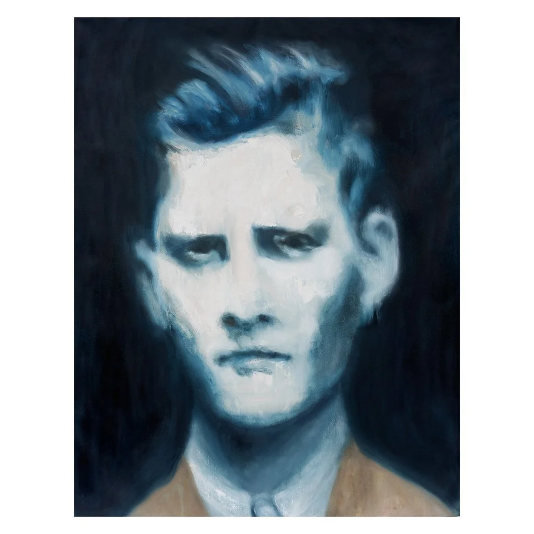 oil painting of a man in blues and grays inspired by a photograph taken in the 1950s