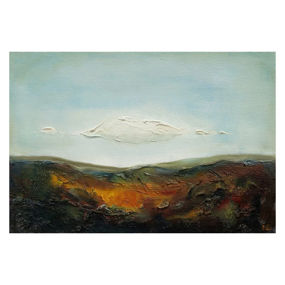 oil painting of a horizon in browns and blues with a cloud in the sky inspired by West Cork.