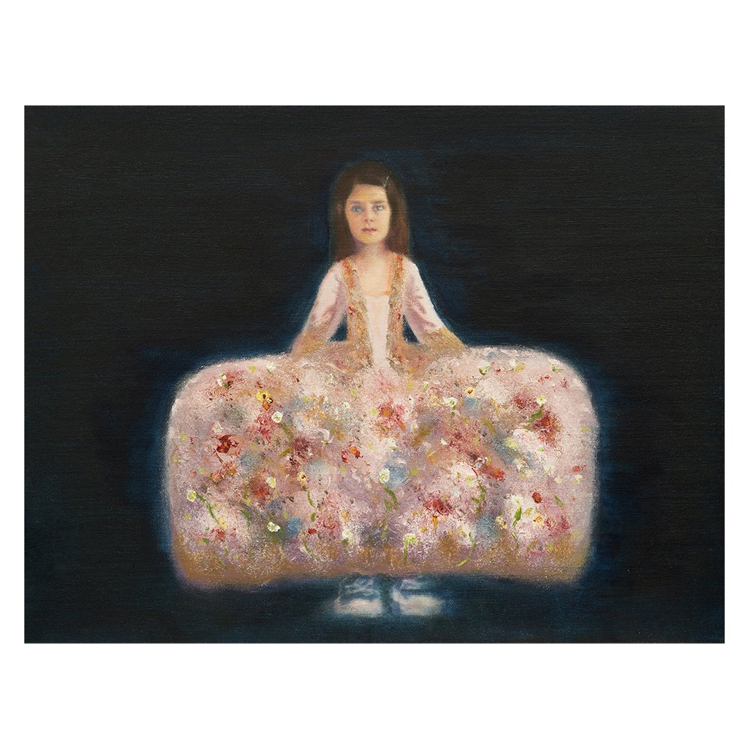 oil painting of a portrait of a young girl in an elaborate 18th century court dress or mantua.