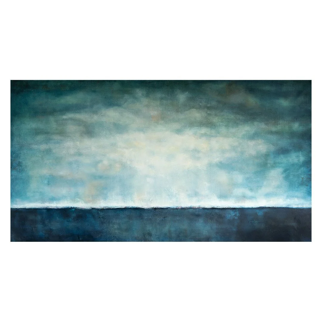semi abstract oil painting of a horizon in blue colours