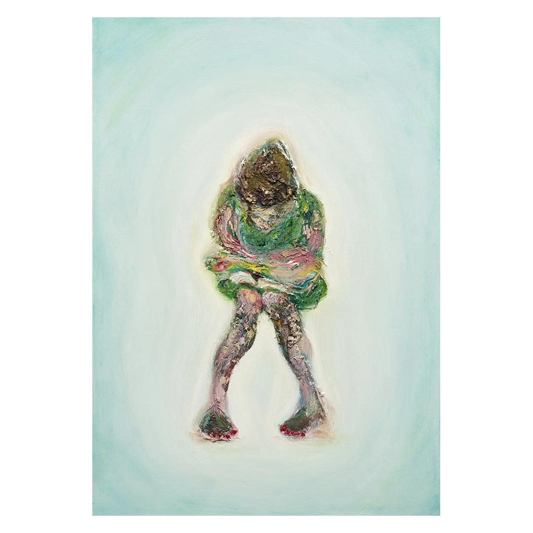 oil painting of a female figure in a seated position reading a book