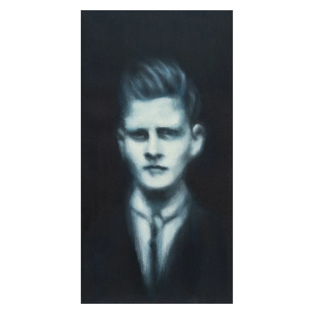 oil painting of a man in a collar and tie in dark blues and whites