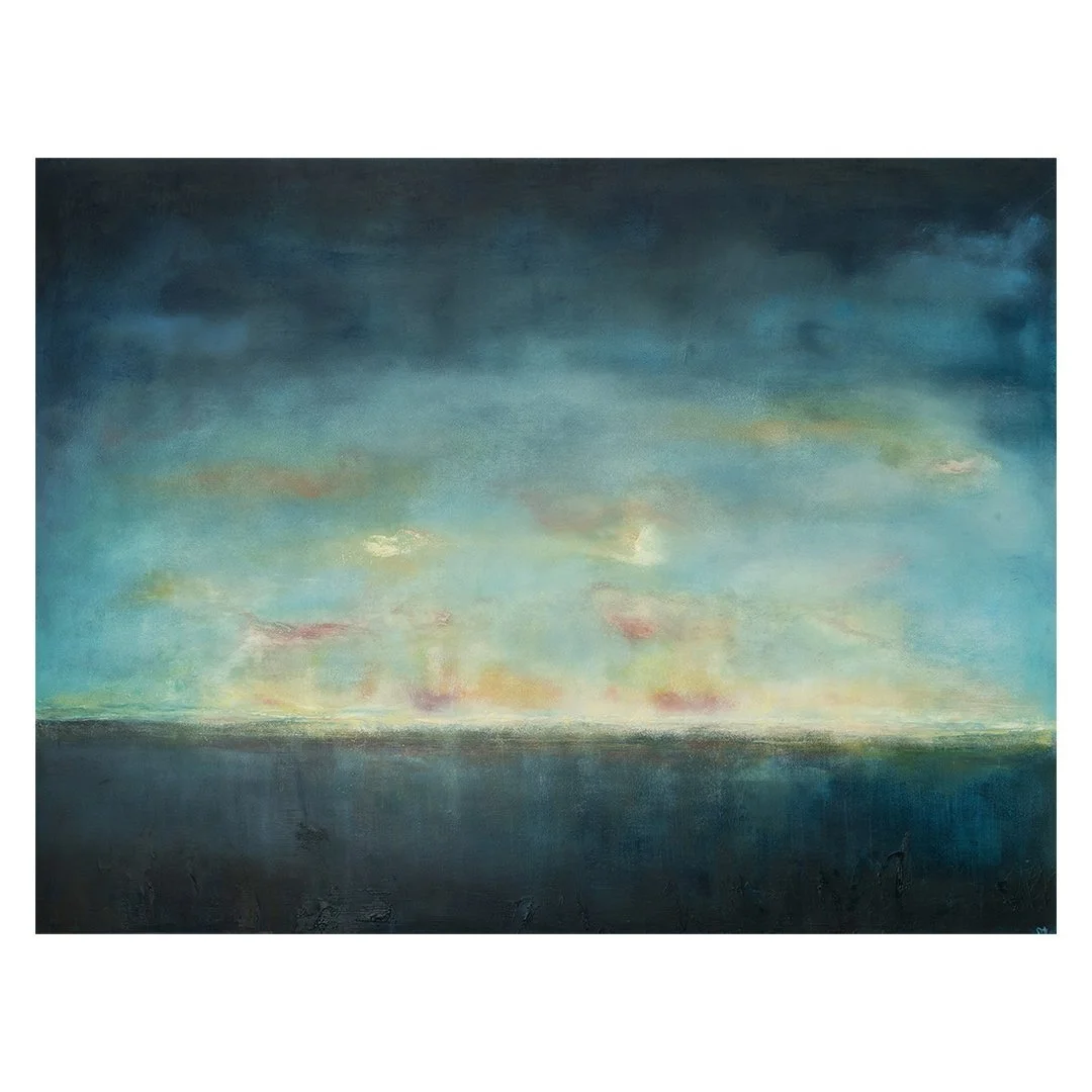 semi abstract oil painting on board of a horizon with colourful clouds.